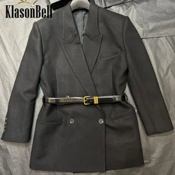 9.30 KlasonBell-Women's High Street Fashion Silver Wool Blazer Temperament Double Breasted Long Sleeve Jacket With Belt