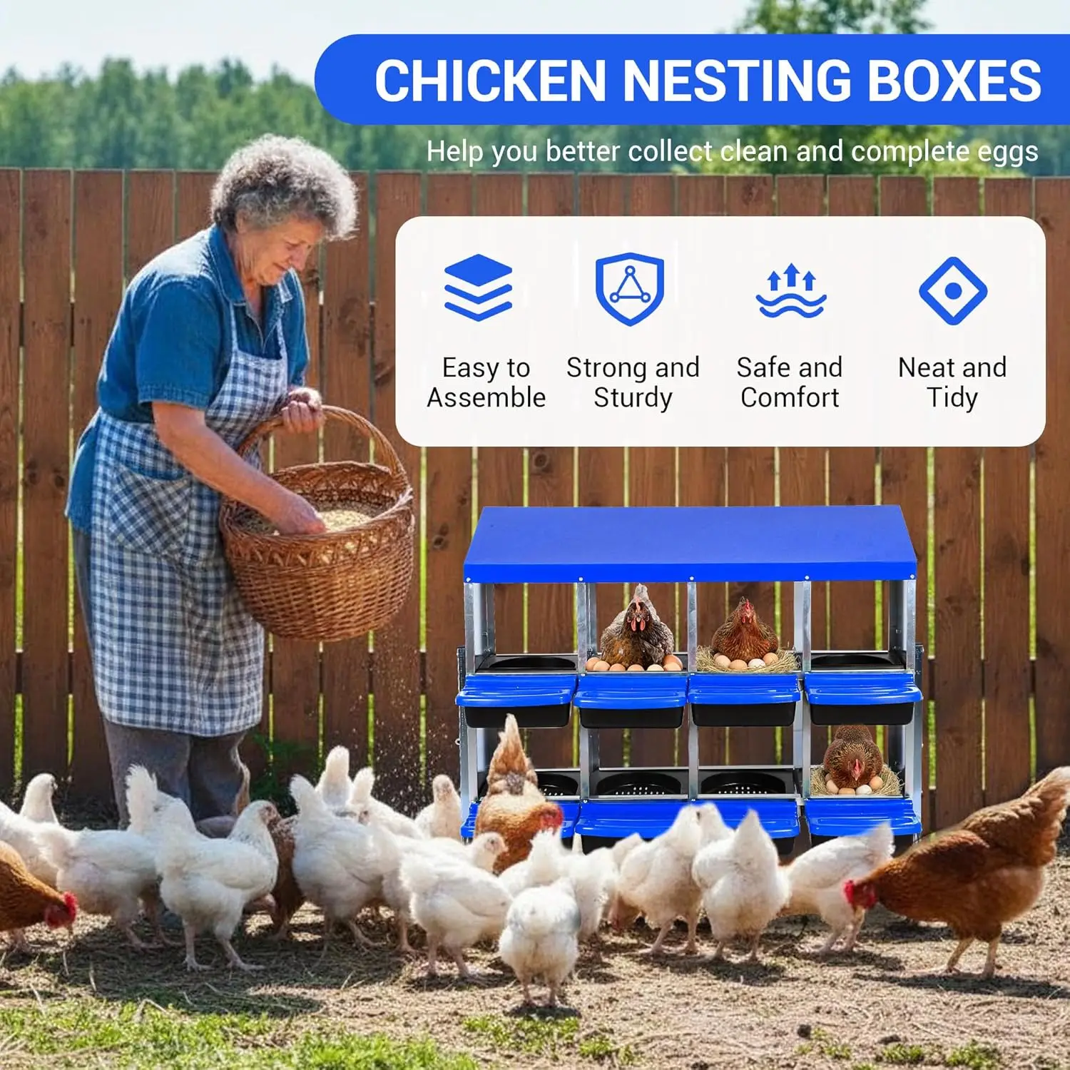 Caja de Nidificación para Gallinas, 8 Compartimentos, Caja de Metal con Ruedas para Gallinero, Cajas para Poner Huevos con Tapa Extraíble, Fácil Limpieza