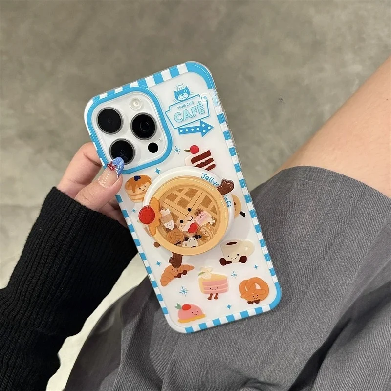 Cute Cartoon Cherry Cake Bread Magsafe Wireless Charge Case For iPhone 13 14 15 16 Pro Max Funny Waffle Shake Magnetic Holderr