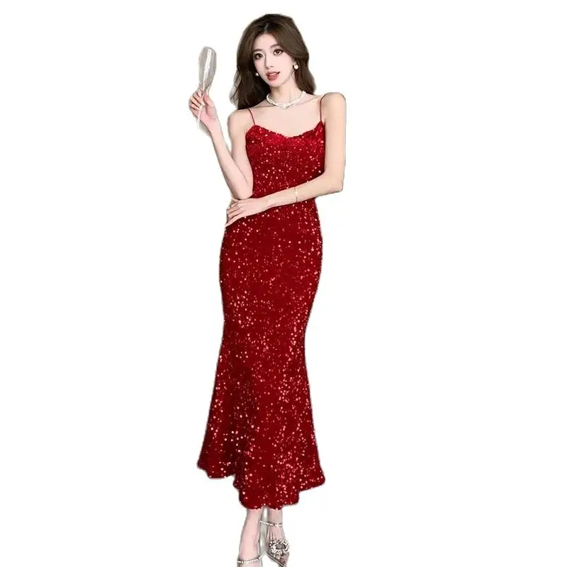 

French Ladies Elegant Fashion Ladies Summer New Dress Party Sequined Dress Casual Sexy Red Temperament Long Skirt Female Tide.