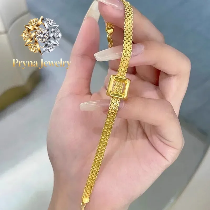 Pryna Jewelry  9999 24K real gold light luxury vintage medium braided gold square strap bracelet women's retro high-end silk sat