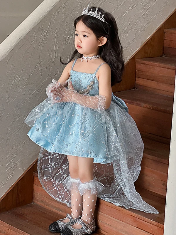 

Blue Princess Elsa Birthday Dress Girl's Summer 2026 Lace Ocean Love Skirt Elastic Waist Breathable Cotton Dress