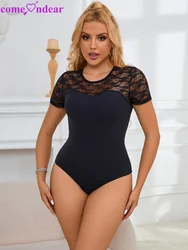 Comeondear-Bodysuit feminino sexy de renda, macacão de collant de uma peça, roupas grandes, Lingeries Bodycon, manga curta, bodycon feminino, moda