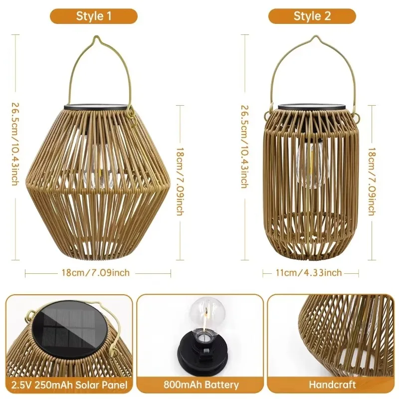Outdoor Rattan Solar Hanging Lantern Waterproof Boho Decor Light Solar Powered Lamp for Garden Yard Patio Porch Decoration
