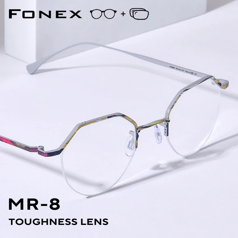 FONEX Progressive Prescription Eyeglasses Custom Myopia Optical Lens Eyewear Men Polygon Semi-Rimless Titanium Glasses Frame 866