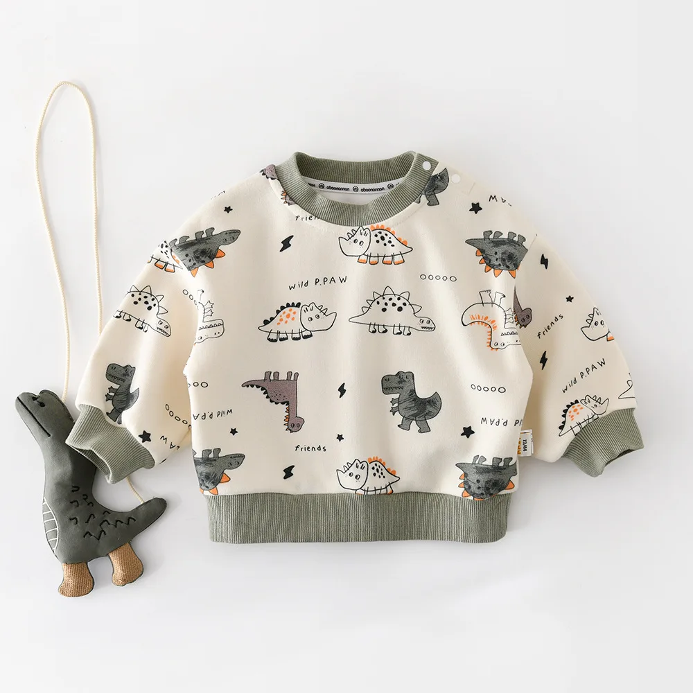 

2026 Spring New Baby Long Sleeve Cartoon Sweatshirt Boys Dinosaur Print Pullover Infant Girls Cotton Casual Tops Toddler Clothes