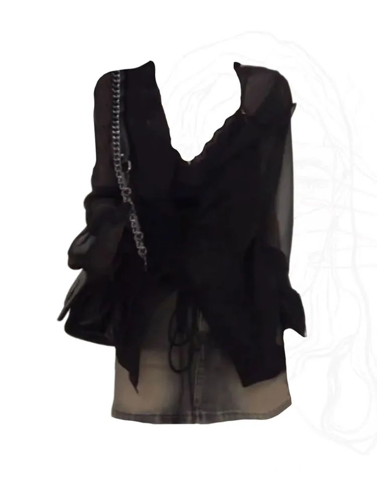 

Korean Fashion Sexy Two Piece Sets Shirts Women Long Sleeve Chic V-Neck Crop Top Black Gothic Lace Up Tees Clubwear Streetwear
