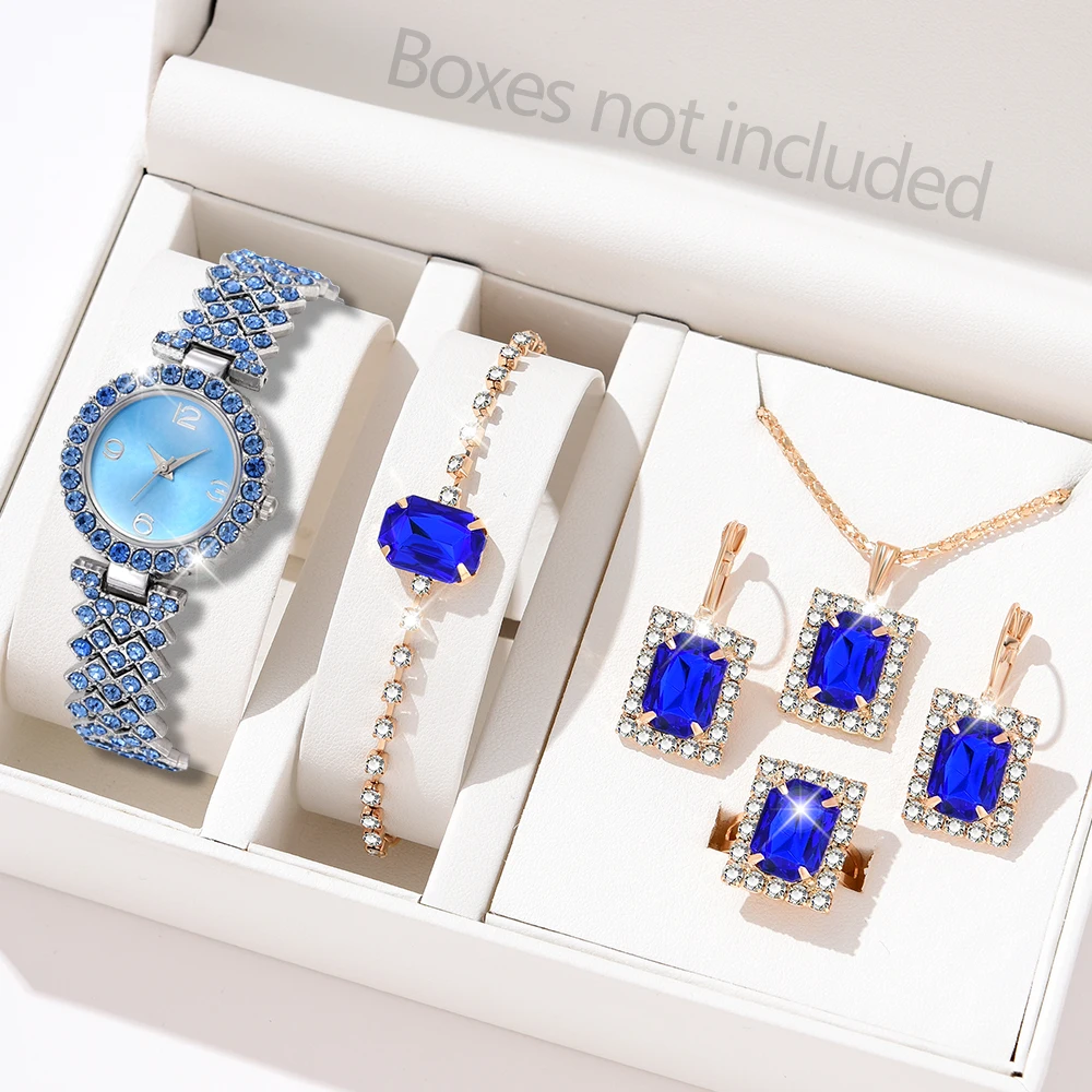 Silver Blue 6PCS/Set Women Quartz Wristwatch Light Luxury Simple Blue Dial Watch Alloy Strap Watch Jewelry Set Gift For Girls