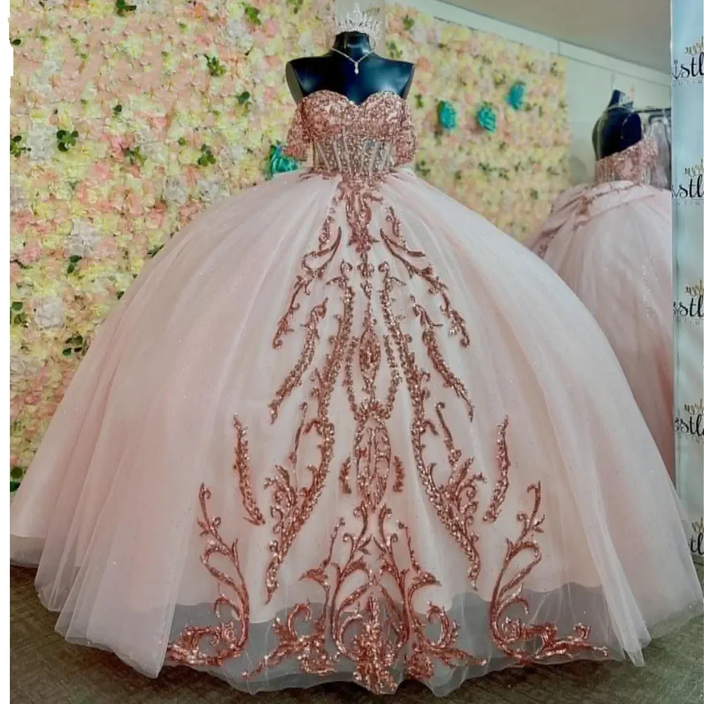 

Angelsbridep 2024 Pink Off Shoulder Bow Quinceanera Dresses Ball Gown Illusion Sequined Applique Sweet 15 Vestidos De XV Años