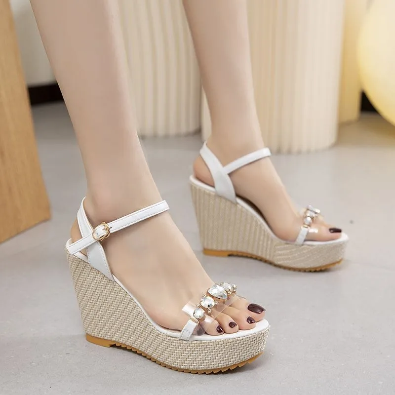 

2026 New Korean Style Women's Summer Platform Sandals with Rhinestone Beads Extra High Heel Thick Sole Versatile