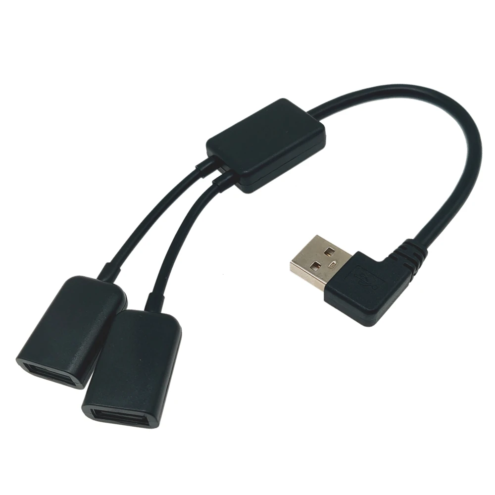 One to two USB hub with cable, computer with two port adapter cable, plug in mouse, keyboard, USB flash drive, multifunctional a