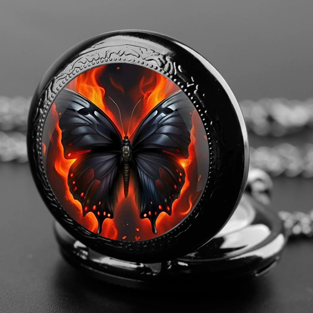 Flame Butterfly Design Glass Dome Quartz Pocket Watch With Durable Chain Arabic Numeral Dial For Men And Women Creative Gifts