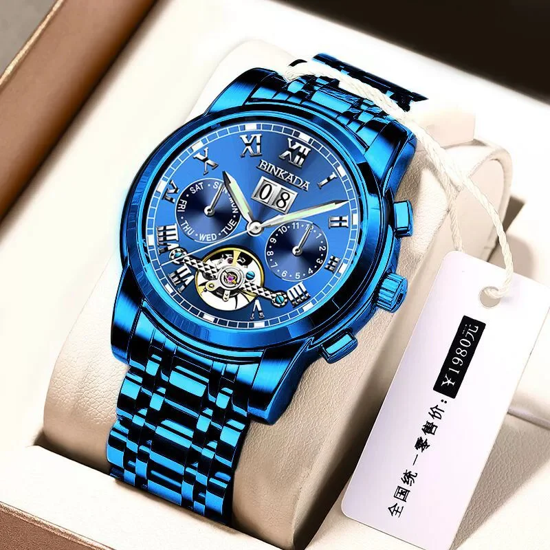 

BINKADA Automatic Mechanical Men Watches Waterproof Stainless Steel Blue Watch for Man Skeleton Calendar Hollow Tourbillon Watch