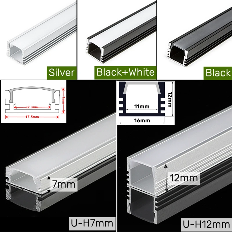 Barra de luz LED empotrada en forma de U, lámpara de perfil de aluminio para 0,5, 5050 canales, soporte de cubierta negra/lechosa, tablero lineal,