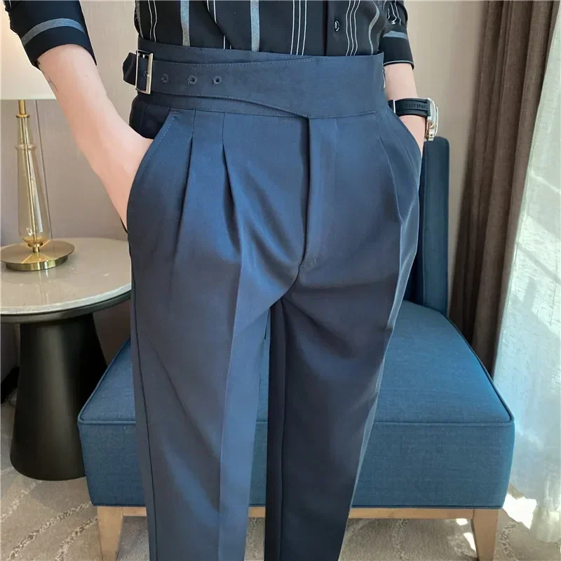 High Waist Men Dress Pants Trousers 2024 Autumn New British Style Straight Slim Fit Suit Pants Solid Casual Fashion Men Clothing