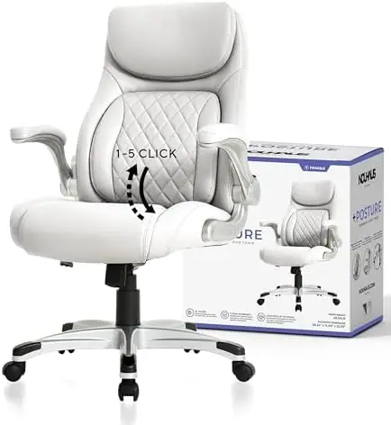 +Posture Ergonomic PU Leather Office Chair. Click5 Lumbar Support with FlipAdjust Armrests. Modern Executive Chair and Computer