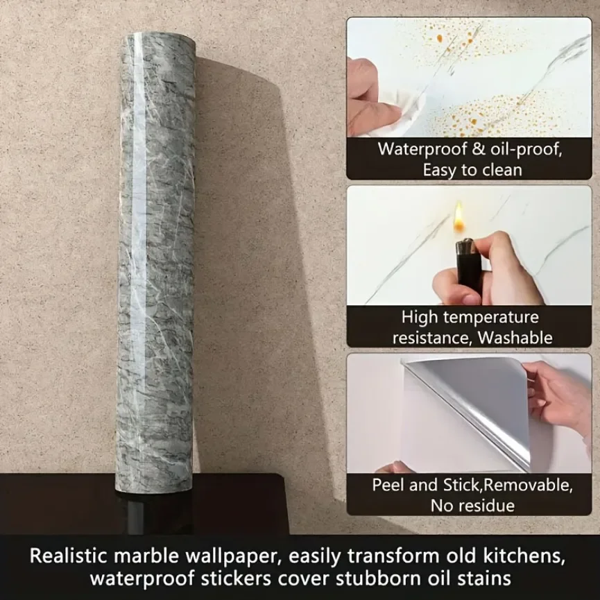 Self-Adhesive Marble Pattern Wallpaper Waterproof Oil-Resistant Removable PVC Film for Kitchen Bathroom, Cabinets & Countertops