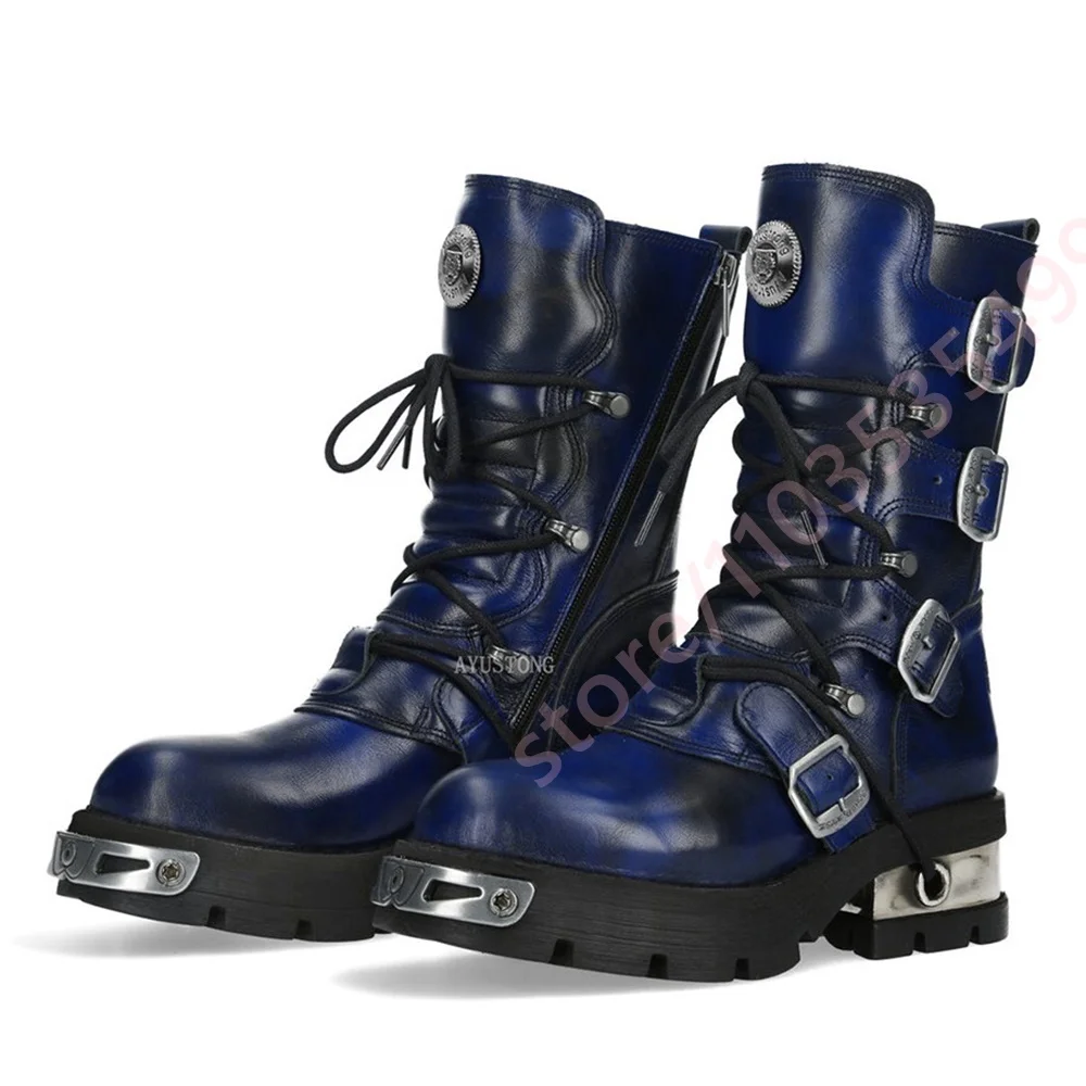 Mid Calf Combat Boots Multi Buckle Lace Up Side Zipper Boots Metal Chunky Block Heel Punk Gothic Motorcycle Boots for Streetwear