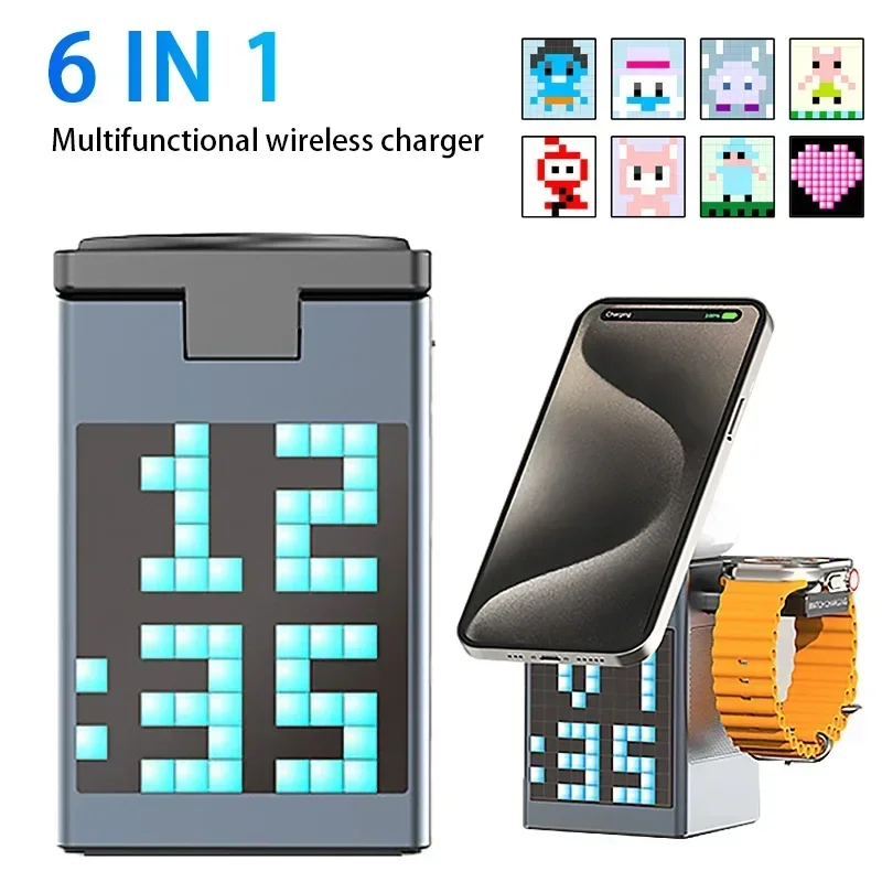 6 in 1 Magnetic Wireless Charger Fast Charging with Bluetooth Speaker Alarm Clock for Iphone 16 15 14 Pro Max  Airpods 2 iwatch image 3