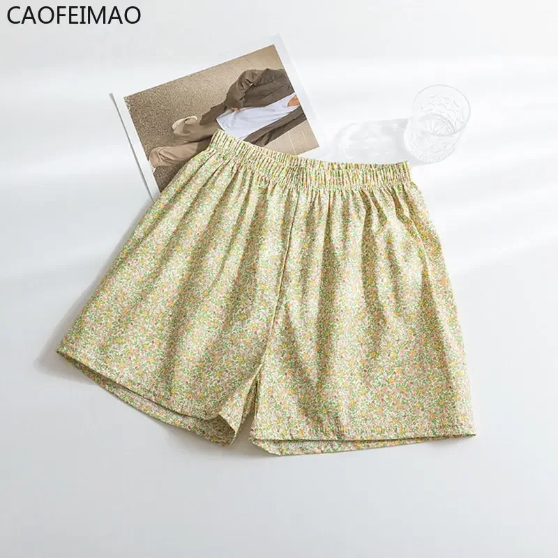 Caofeimao Summer 2025 Home Plaid Shorts Floral Pants Sports High Waist Slim Wide-leg Pants Loose Casual Pajamas Women