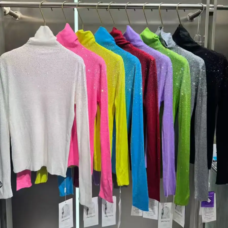 

Роскошный свитер с блестками и бриллиантами для женщин, осенне-зимняя водолазка, трикотаж, топ, вязаный низ, пуловеры, верхняя одежда