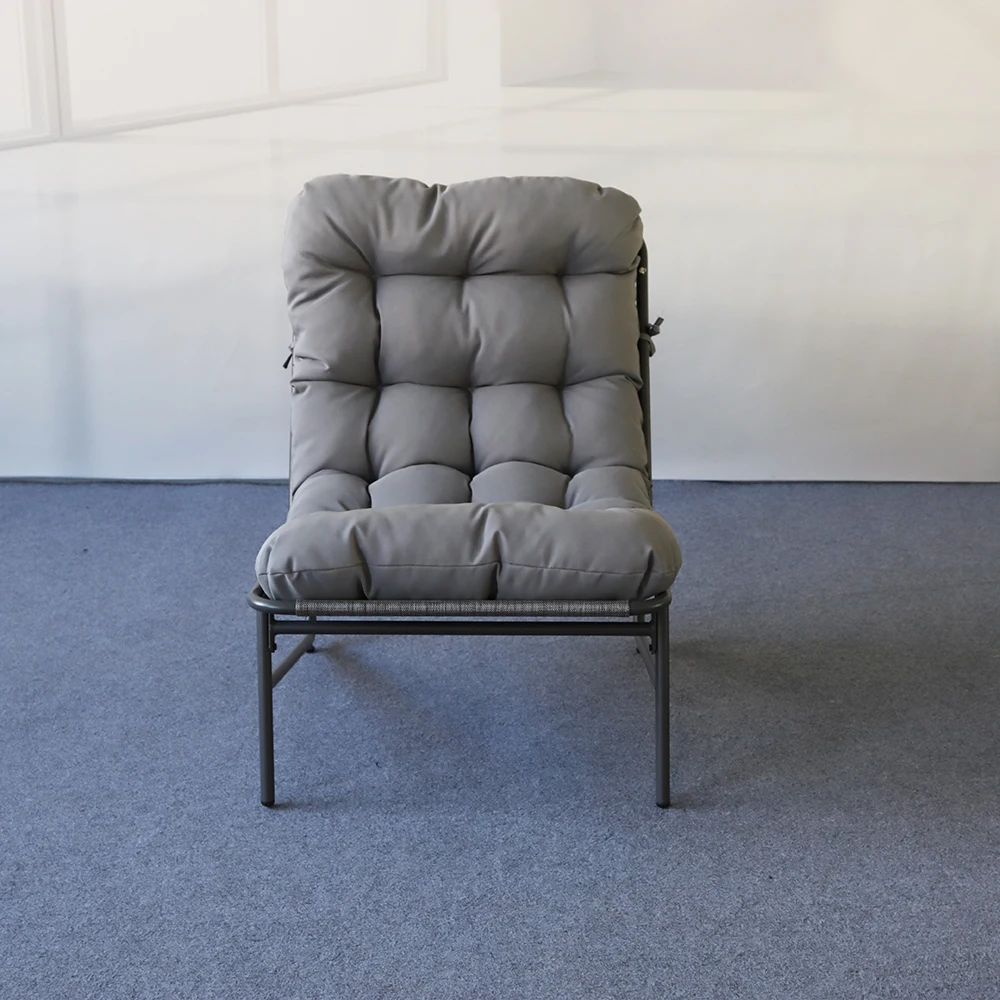 Modern 4 Piece Patio Conversation Set With Tufted Grey Cushions Loveseat Armchairs and Round Glass Top Coffee Table
