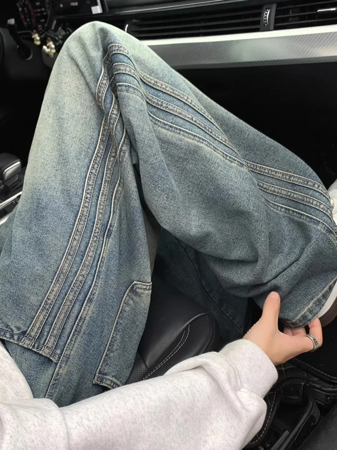 

American Stripe Splicing Wide Knife Jeans Loose Pants Retro Washed Straight High Casual Long Trousers Youth Fashion Jeans
