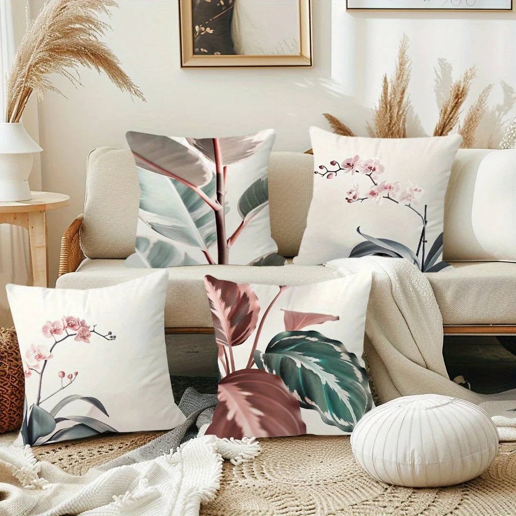 4pcs Boho Botanical Print Throw Pillow Covers, 18x18 Inch, Soft Short Plush with Zipper Closure - Minimalist Geometric Floral De
