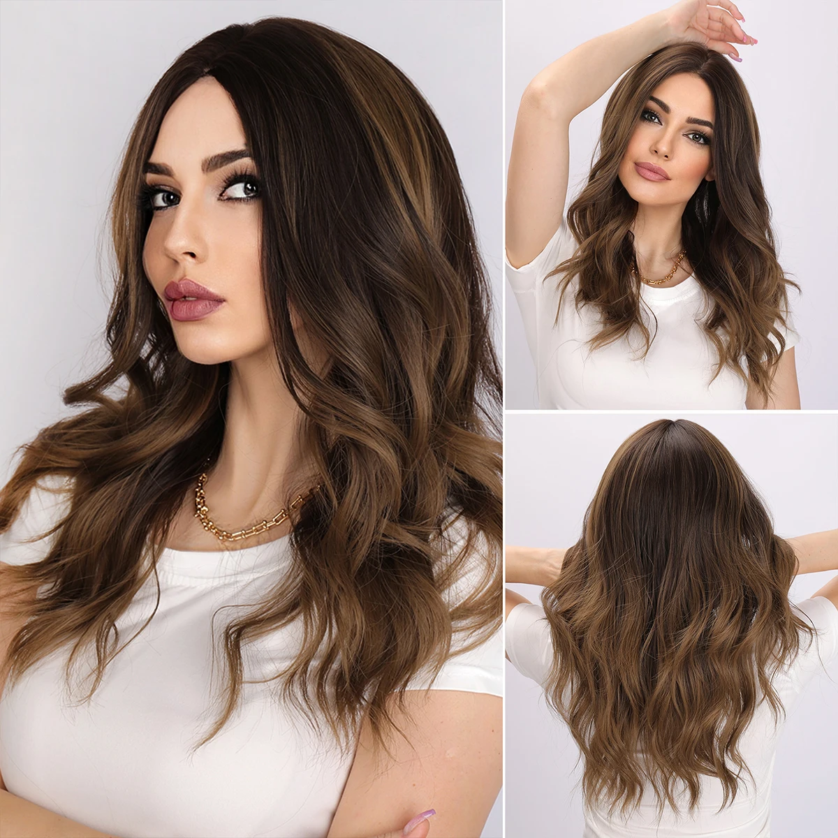 Peruca longa gradiente colorida para mulheres, peruca fofa natural, mancha marrom tingida peruca encaracolada, peruca cosplay, moda, 22"