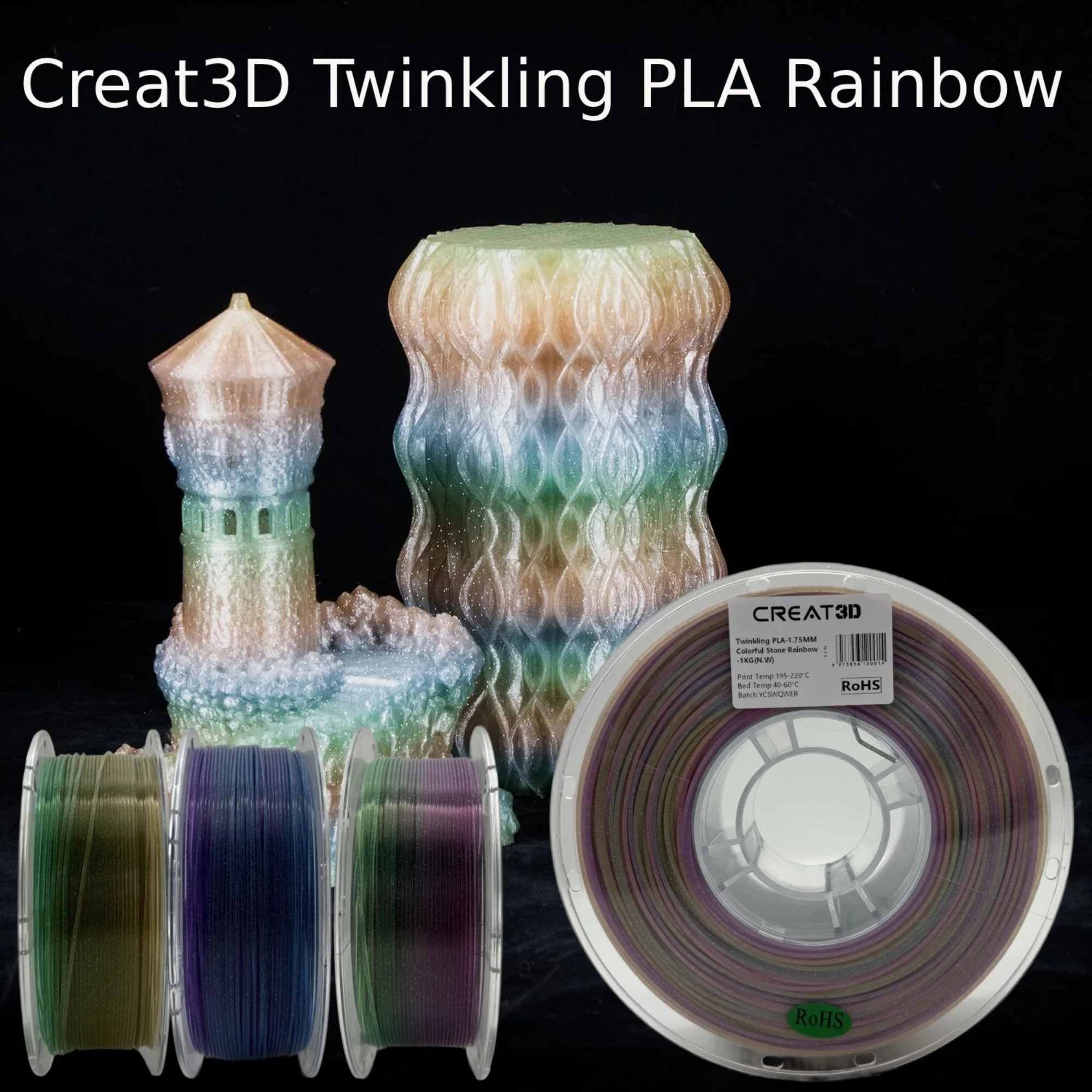 Creat3D Twinkling PLA Rainbow 3D Filament 1.75mm 1kg/spool Eco-friendly Transparent Rainbow Glitter PLA 3D Printer Filament