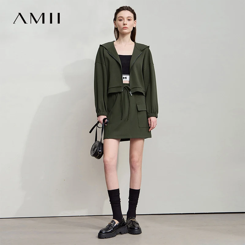 AMII Minimalist Woman's Sports Jacket Cotton 2025 Autumn New Green Hooded Long Sleeved Zipper Jacket Casual Outerwear 12543147