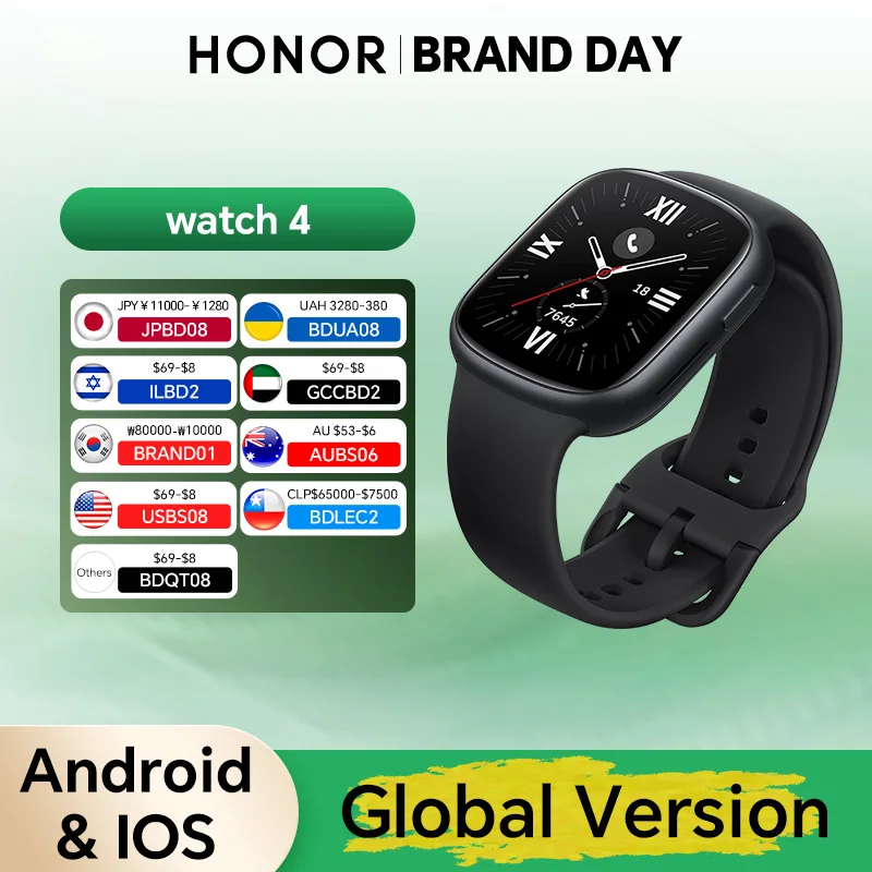 

Смарт-часы Honor Watch 4 с AMOLED-дисплеем 1,75 дюйма, мониторингом сердечного ритма, сна и стресса, спортивным ремешком и 14-дневным временем автономной работы