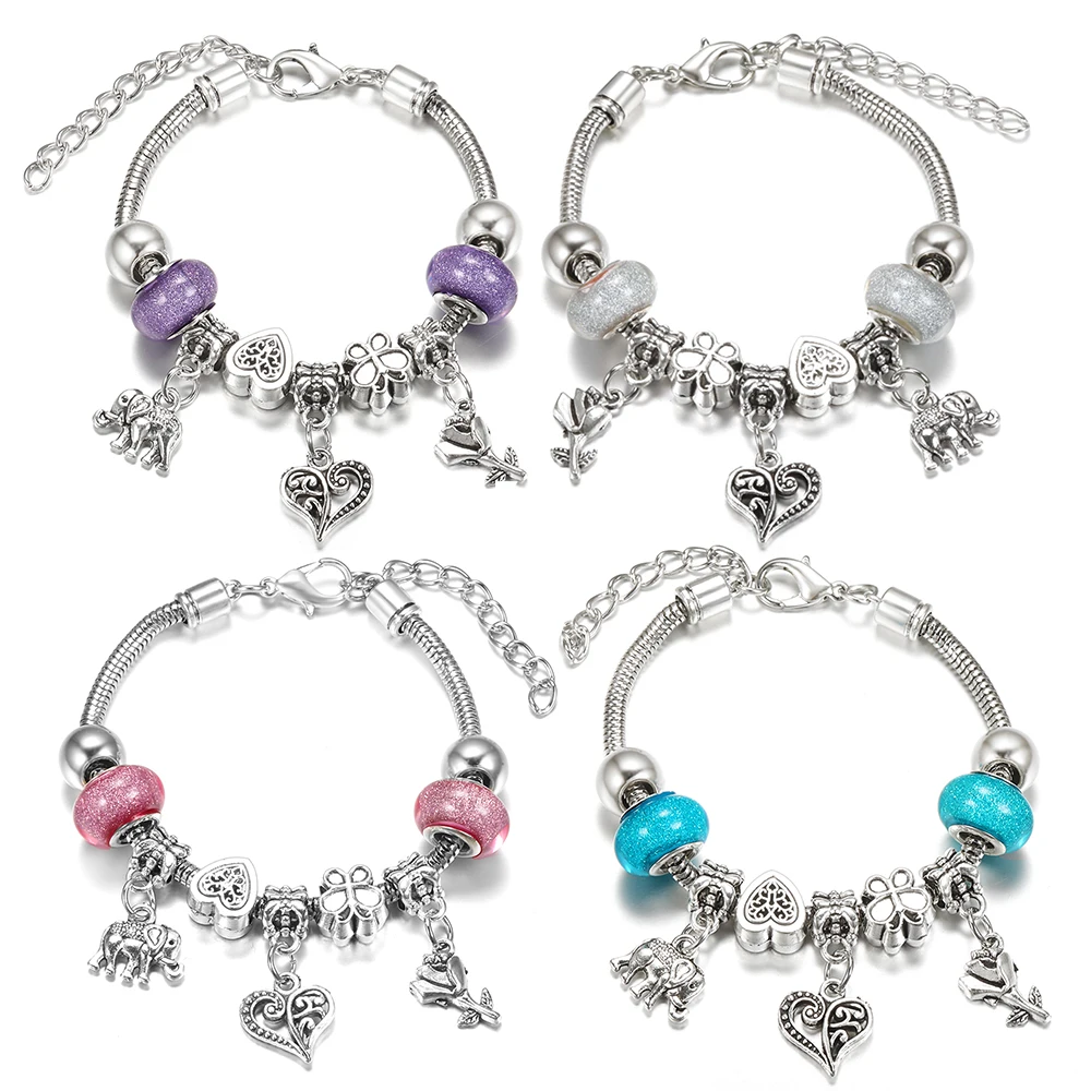 Charm Heart Shaped Pendant 5 Color Beaded Bangle Lobster Buckle Adjustable Snake Chain Elephant Rose Rhinestone Bracelet Jewelry