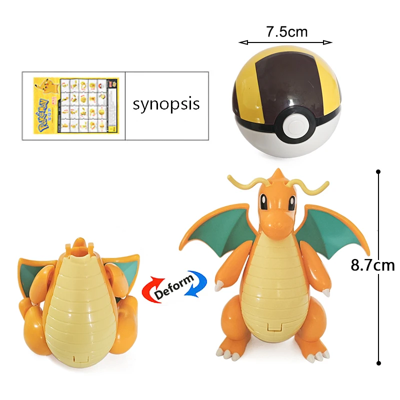 Pokémon Pokeball para Crianças, Monstro de Bolso, Figura Anime, Bonecas Modelo, Brinquedos Deformação, Dragonite Elf Ball, Snorlax, Morfologia Dupla, Presentes