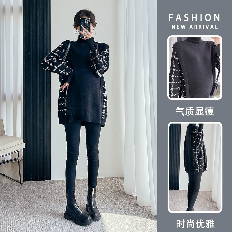 Patchwork Knitted Maternity Sweaters Large Size Loose Ties Waist Shirt Clothes Winter Pregnant Women Pregnancy clothing