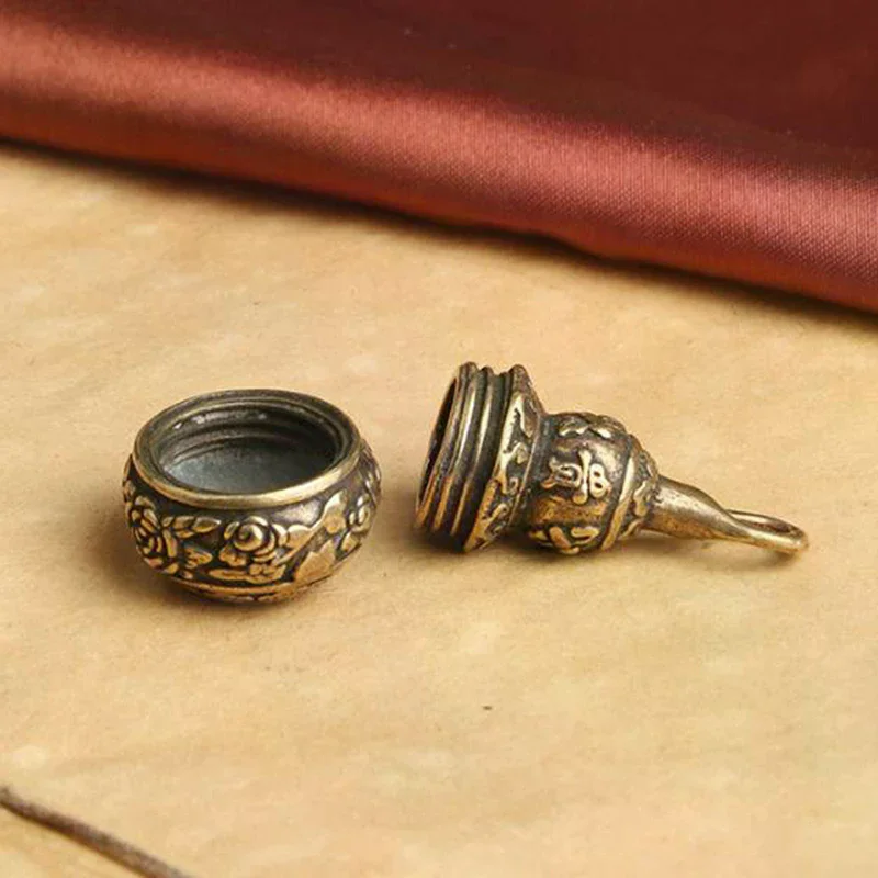 Brass Lotus Gourd Lucky Keychain Pendant Blessing Mini Pill Box Portable Storage Container Charm