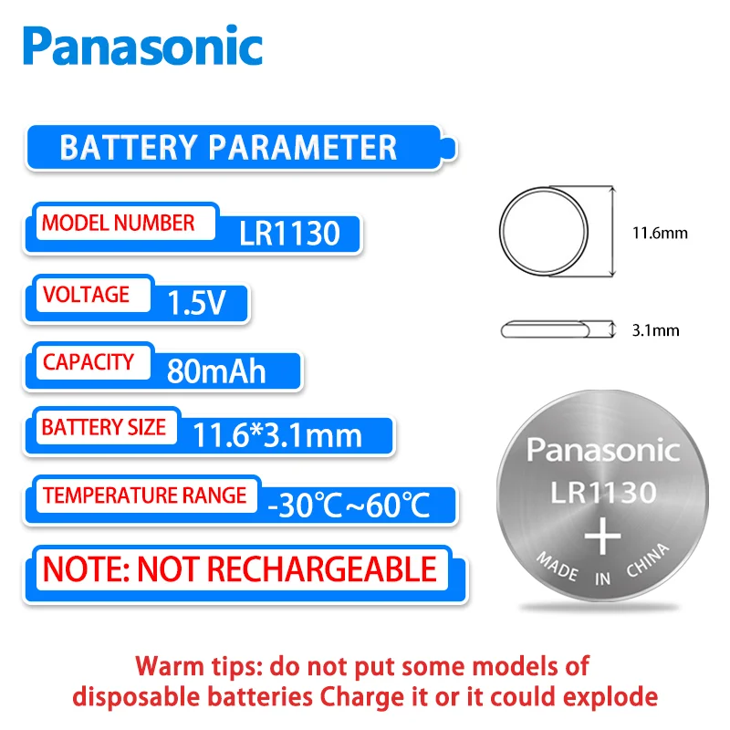 Panasonic-reloj electrónico LR1130, dispositivo con botón de 1,5 V, calculadora Casio alcalina 189, termómetro, bolígrafo láser, juguete, 10 unidades