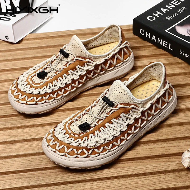 

New Summer Men Woven Sandals Plus Size Breathable Casual Beach Shoes 2026 Woven Mesh Slip On Fashion Outdoor Closed Toe Sandals