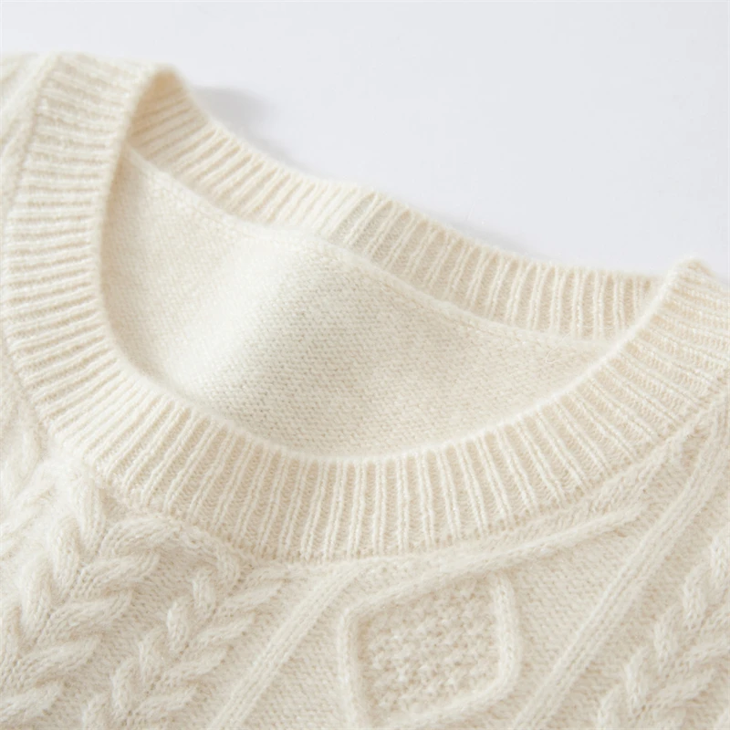 New 100% Cashmere Women Autumn Winter Thick O-Neck Cable‑Knit Long Ribbed Sweater Elegant Mature Minimalist Knit Pullover
