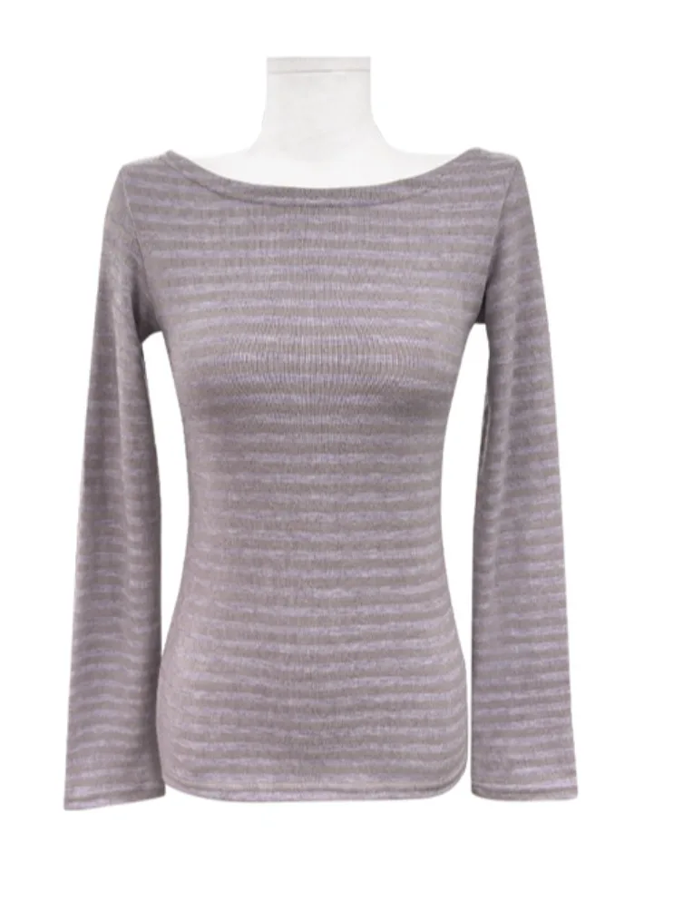 Blue Striped One oulder Base irt Women's Slim Fit Long Sve T-irt Inner Wear Autumn Winter Faion Korean Sle Top