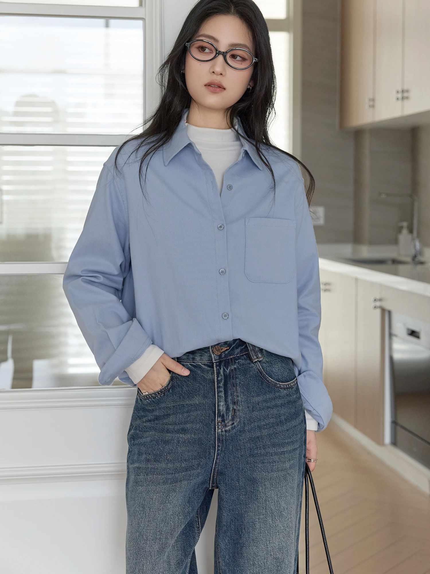 

Blue Fce-Lined Loose Casual irt for Women Commute Sle Thiened Autumn Winter Cotton Long Sve Button up Top