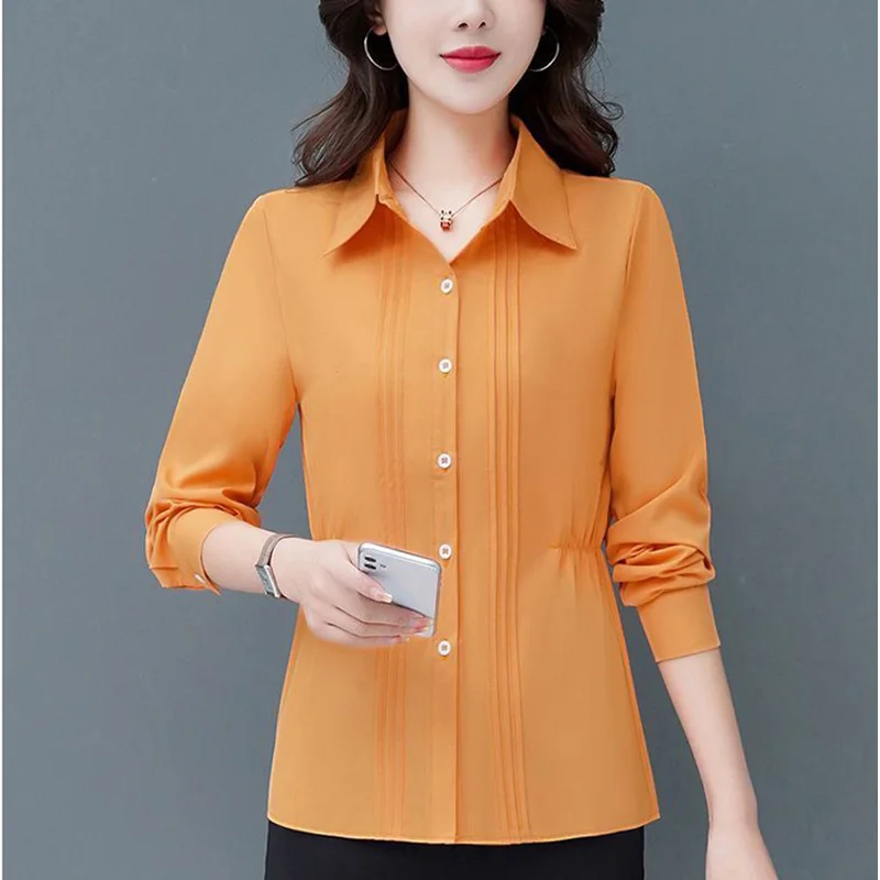 Camisa de dobras soltas emendadas para mulher, blusa de senhora do escritório, tops casuais, grandes dimensões, monocromática, nova moda, roupas de