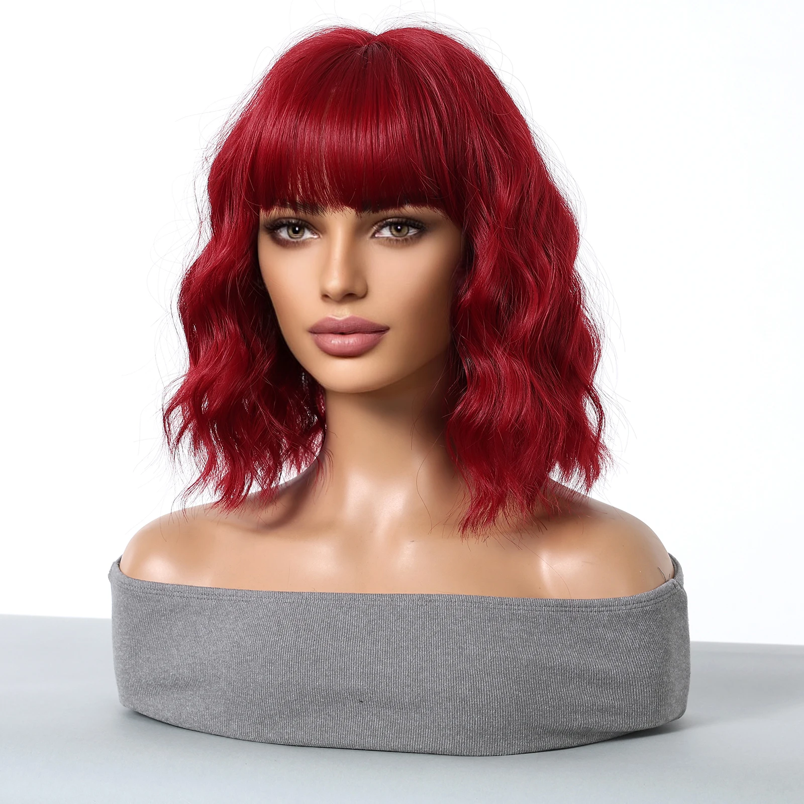 هالوين قصيرة مجعد متموجة بورجوندي النبيذ الأحمر شعر مستعار اصطناعي لوليتا شعر مستعار مع الانفجارات للنساء تأثيري الطرف استخدام مقاومة للحرارة #4