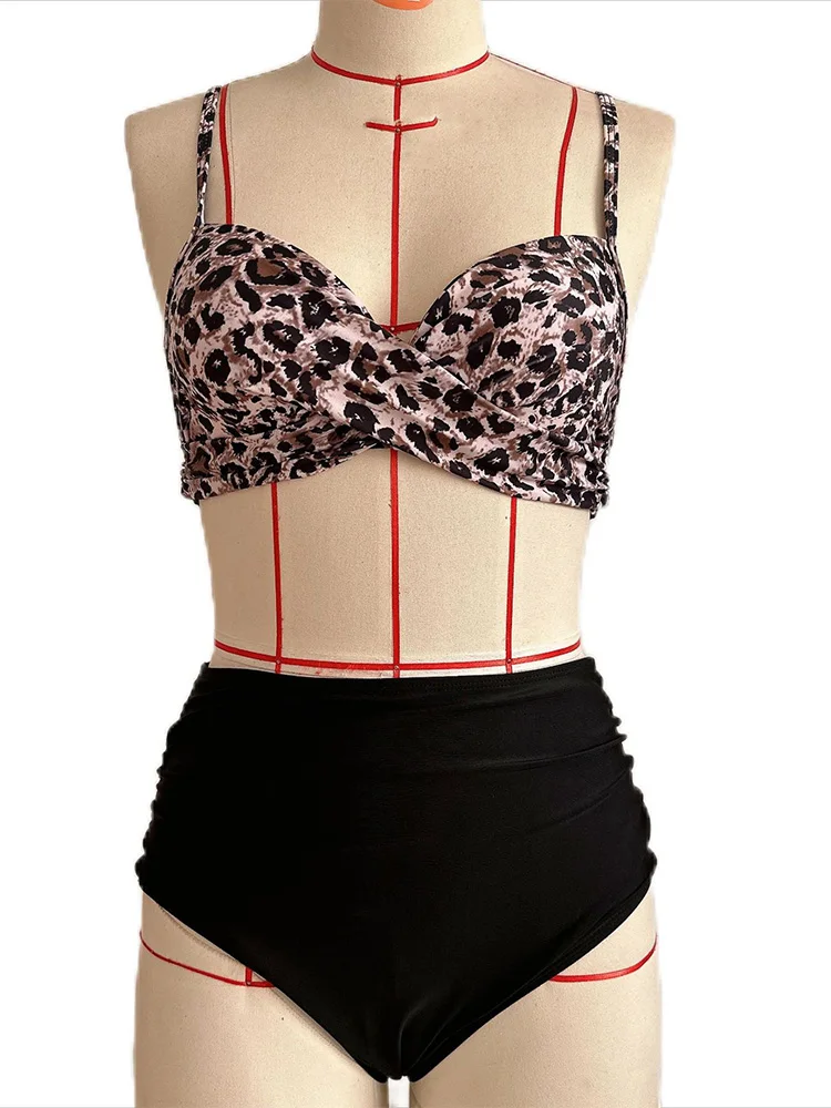 2026 New Summer Swimwear Bikinis Set Sexy Leopard Print Pleated Bikini 2 Piece Set Women Split Swimsuit Beach Bikinis