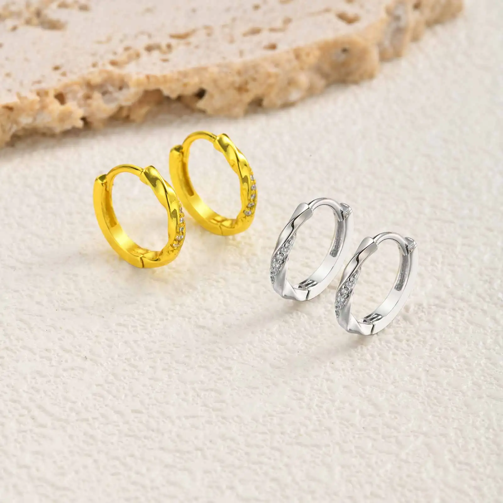 Mobius Twisted Huggie Hoop Earrings for Women, Geometric Micro Pave CZ Stone, 18K Gold Plated Waterproof  Ear Jewelry