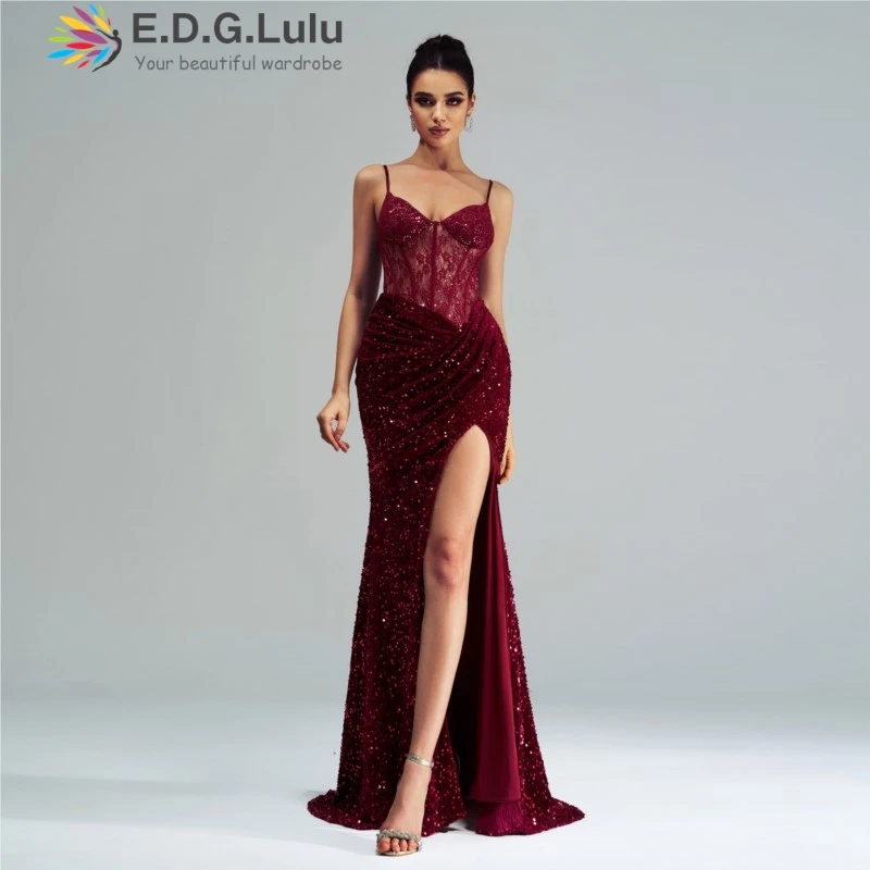 EDGLuLu Sexy Embroidered Lace Patchwork With Red Sequins Dresses 2024 Women V-Neck Sleeveless High Slit Long Mermaid Dresses1230