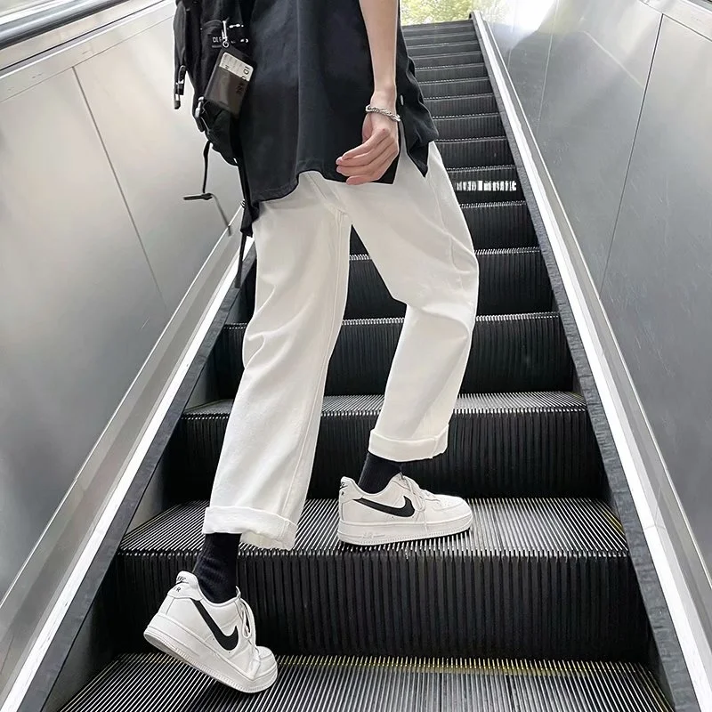 

Модные белые прямые джинсы с широкими штанинами для мужчин, весенне-осенние, свободного кроя, в корейском стиле, повседневные, износостойкие