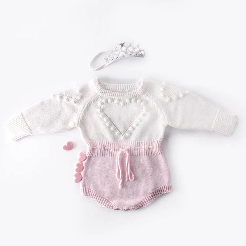 Infant Baby Girls Long Sleeve Loving Heart Knit Jumpsuit Toddler Baby Rompers Children Baby Girls Princess Rompers Clothes