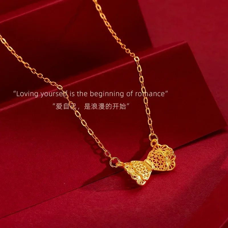 

9999 Real Gold 24K Fashion Bow Necklace Female Gentle Cute Bow Set Chain