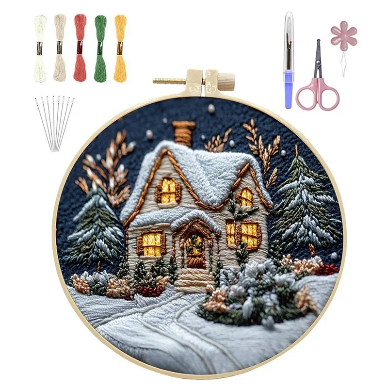 DIY Weihnachten Stickerei Kit Weihnachten Haus gedruckt Muster Kreuzstich Set Handarbeit Reifen